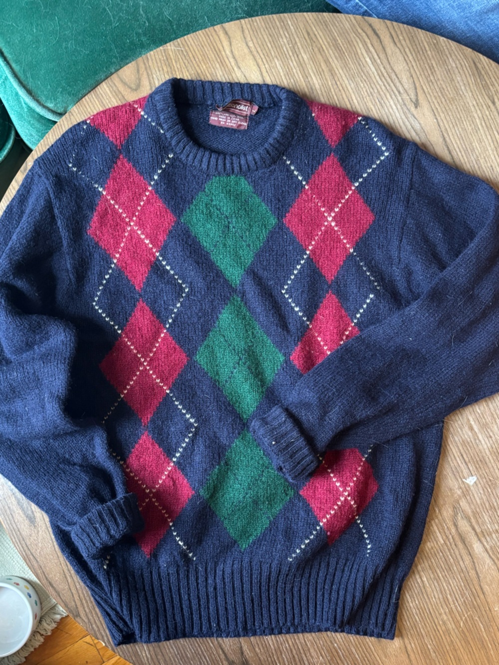 100% Wool Navy Argyle Crewneck Sweater with Red & Green Diamonds